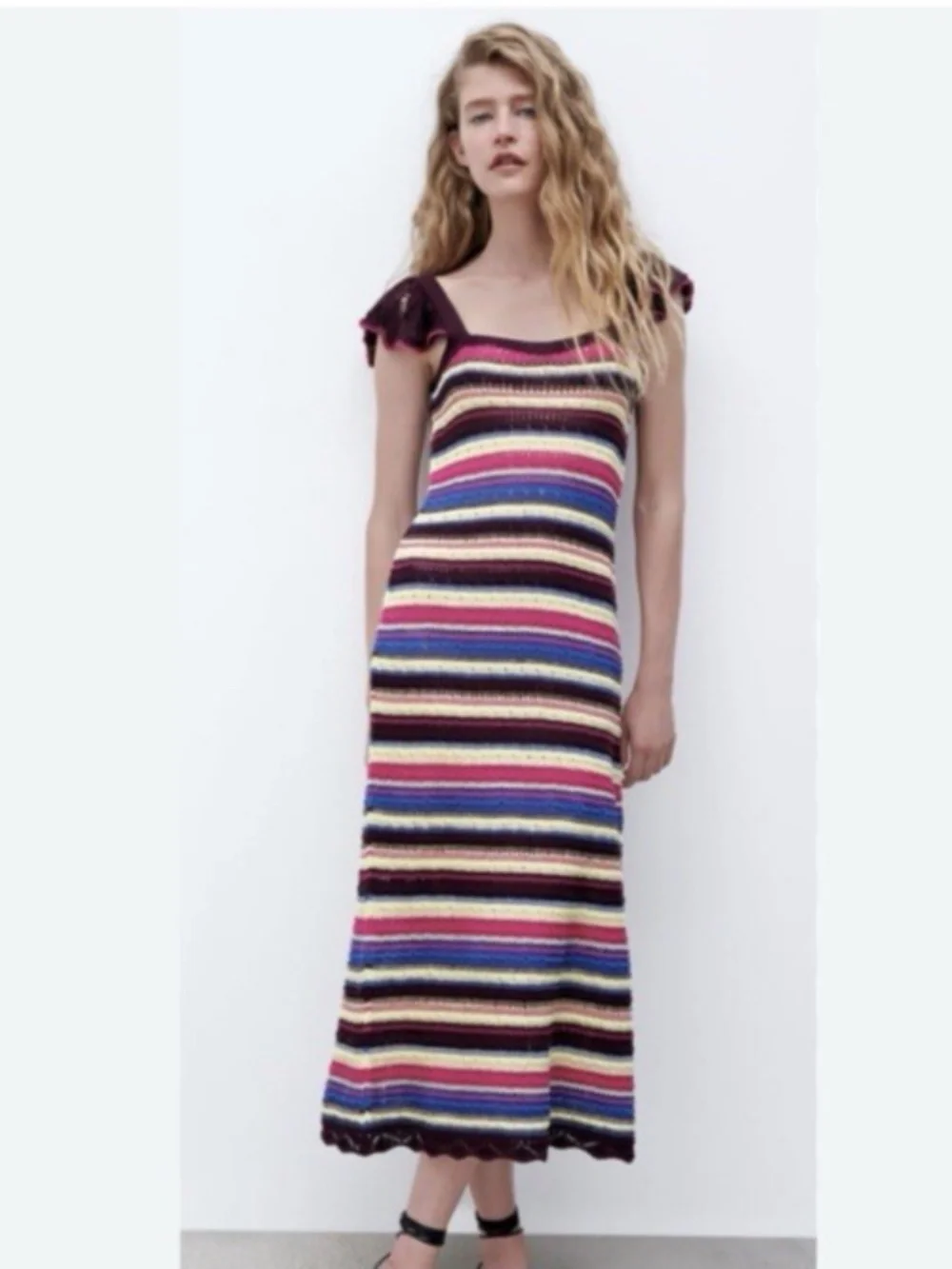 Zara | Dresses | Zara Crochet Maxi Dress Women M Open Knit Striped Cotton  Boho Resortwear | Poshmark